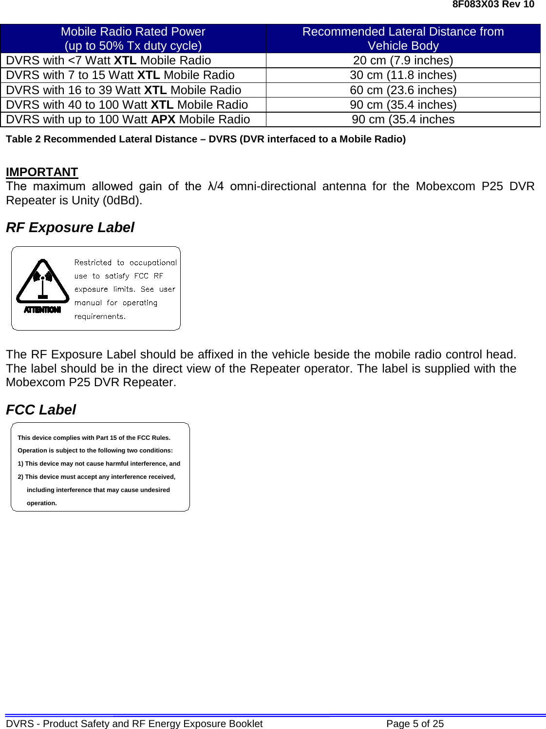 8F083X03 Rev 10 DVRS - Product Safety and RF Energy Exposure Booklet             Page 5 of 25  Mobile Radio Rated Power (up to 50% Tx duty cycle) Recommended Lateral Distance from  Vehicle Body DVRS with &lt;7 Watt XTL Mobile Radio 20 cm (7.9 inches) DVRS with 7 to 15 Watt XTL Mobile Radio 30 cm (11.8 inches) DVRS with 16 to 39 Watt XTL Mobile Radio 60 cm (23.6 inches) DVRS with 40 to 100 Watt XTL Mobile Radio 90 cm (35.4 inches) DVRS with up to 100 Watt APX Mobile Radio 90 cm (35.4 inches Table 2 Recommended Lateral Distance – DVRS (DVR interfaced to a Mobile Radio)  IMPORTANT The  maximum  allowed  gain  of  the  λ/4  omni-directional antenna for the Mobexcom P25 DVR Repeater is Unity (0dBd).  RF Exposure Label  The RF Exposure Label should be affixed in the vehicle beside the mobile radio control head. The label should be in the direct view of the Repeater operator. The label is supplied with the Mobexcom P25 DVR Repeater. FCC Label including interference that may cause undesired 2) This device must accept any interference received,1) This device may not cause harmful interference, andOperation is subject to the following two conditions:This device complies with Part 15 of the FCC Rules.operation.             