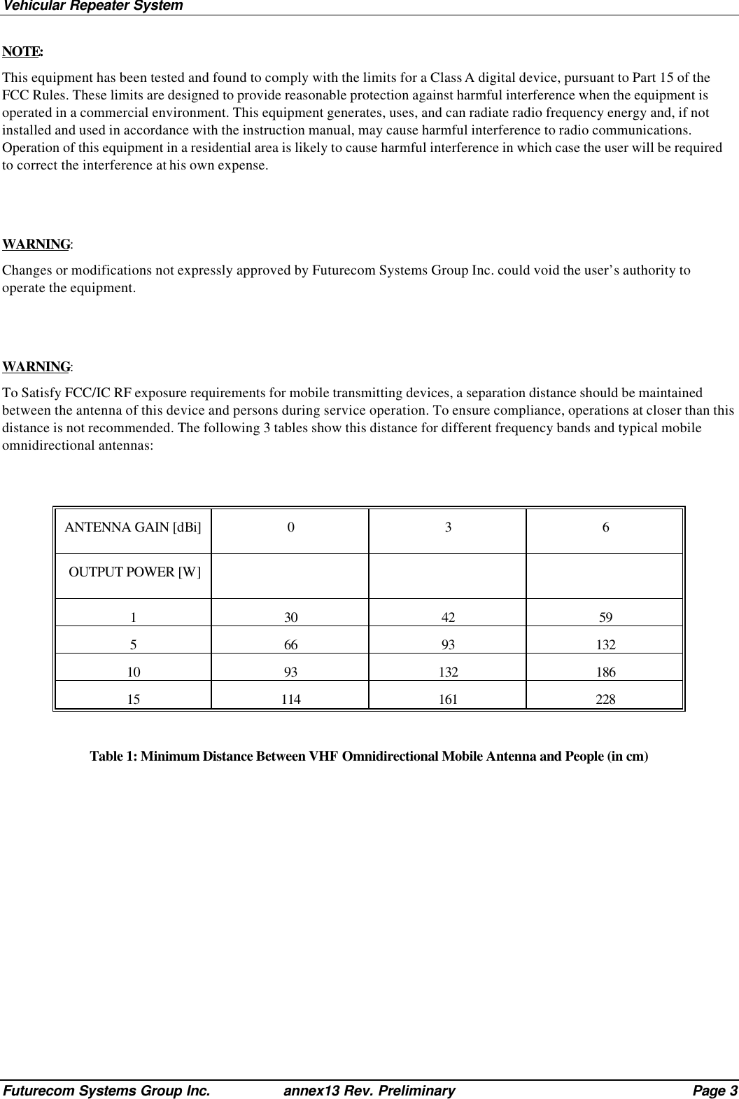 Vehicular Repeater SystemFuturecom Systems Group Inc. annex13 Rev. Preliminary Page 3NOTE:This equipment has been tested and found to comply with the limits for a Class A digital device, pursuant to Part 15 of theFCC Rules. These limits are designed to provide reasonable protection against harmful interference when the equipment isoperated in a commercial environment. This equipment generates, uses, and can radiate radio frequency energy and, if notinstalled and used in accordance with the instruction manual, may cause harmful interference to radio communications.Operation of this equipment in a residential area is likely to cause harmful interference in which case the user will be requiredto correct the interference at his own expense.WARNING:Changes or modifications not expressly approved by Futurecom Systems Group Inc. could void the user’s authority tooperate the equipment.WARNING:To Satisfy FCC/IC RF exposure requirements for mobile transmitting devices, a separation distance should be maintainedbetween the antenna of this device and persons during service operation. To ensure compliance, operations at closer than thisdistance is not recommended. The following 3 tables show this distance for different frequency bands and typical mobileomnidirectional antennas:ANTENNA GAIN [dBi]036 OUTPUT POWER [W]130 42 59566 93 13210 93 132 18615 114 161 228Table 1: Minimum Distance Between VHF Omnidirectional Mobile Antenna and People (in cm)