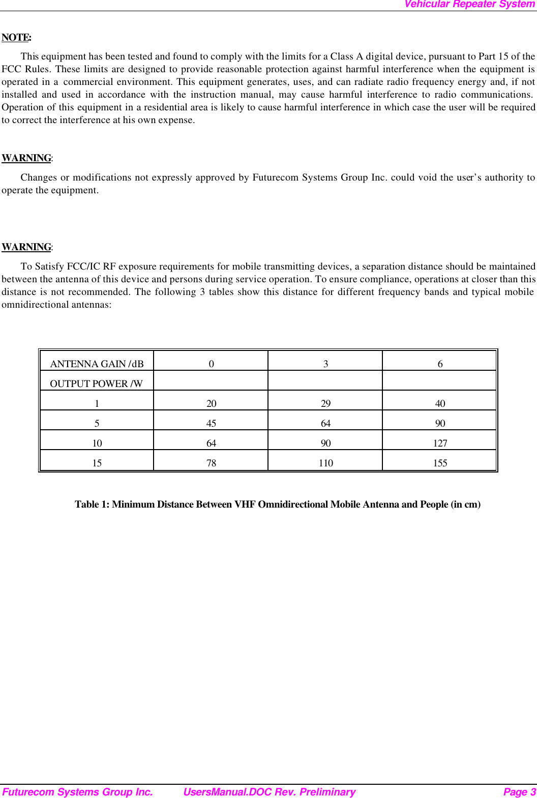 Vehicular Repeater System Futurecom Systems Group Inc. UsersManual.DOC Rev. Preliminary Page 3 NOTE:  This equipment has been tested and found to comply with the limits for a Class A digital device, pursuant to Part 15 of the FCC Rules. These limits are designed to provide reasonable protection against harmful interference when the equipment is operated in a  commercial environment. This equipment generates, uses, and can radiate radio frequency energy and, if not installed and used in accordance with the instruction manual, may cause harmful interference to radio communications. Operation of this equipment in a residential area is likely to cause harmful interference in which case the user will be required to correct the interference at his own expense.  WARNING:  Changes or modifications not expressly approved by Futurecom Systems Group Inc. could void the user’s authority to operate the equipment.   WARNING:  To Satisfy FCC/IC RF exposure requirements for mobile transmitting devices, a separation distance should be maintained between the antenna of this device and persons during service operation. To ensure compliance, operations at closer than this distance is not recommended. The following 3 tables show this distance for different frequency bands and typical mobile omnidirectional antennas:   ANTENNA GAIN /dB 0 3 6 OUTPUT POWER /W       1 20 29 40 5 45 64 90 10 64 90 127 15 78 110 155  Table 1: Minimum Distance Between VHF Omnidirectional Mobile Antenna and People (in cm)  