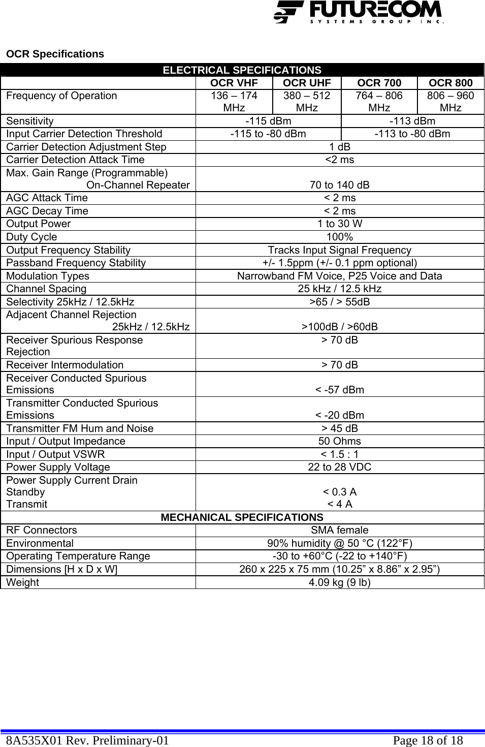  8A535X01 Rev. Preliminary-01    Page 18 of 18  OCR Specifications ELECTRICAL SPECIFICATIONS  OCR VHF  OCR UHF  OCR 700  OCR 800 Frequency of Operation  136 – 174 MHz 380 – 512 MHz 764 – 806 MHz 806 – 960 MHz Sensitivity  -115 dBm  -113 dBm Input Carrier Detection Threshold  -115 to -80 dBm  -113 to -80 dBm Carrier Detection Adjustment Step  1 dB Carrier Detection Attack Time  &lt;2 ms Max. Gain Range (Programmable) On-Channel Repeater 70 to 140 dB AGC Attack Time  &lt; 2 ms AGC Decay Time  &lt; 2 ms Output Power  1 to 30 W Duty Cycle  100% Output Frequency Stability  Tracks Input Signal Frequency Passband Frequency Stability  +/- 1.5ppm (+/- 0.1 ppm optional) Modulation Types  Narrowband FM Voice, P25 Voice and Data Channel Spacing  25 kHz / 12.5 kHz Selectivity 25kHz / 12.5kHz  &gt;65 / &gt; 55dB Adjacent Channel Rejection  25kHz / 12.5kHz &gt;100dB / &gt;60dB Receiver Spurious Response Rejection &gt; 70 dB Receiver Intermodulation  &gt; 70 dB Receiver Conducted Spurious Emissions  &lt; -57 dBm Transmitter Conducted Spurious Emissions  &lt; -20 dBm Transmitter FM Hum and Noise  &gt; 45 dB Input / Output Impedance  50 Ohms Input / Output VSWR  &lt; 1.5 : 1 Power Supply Voltage  22 to 28 VDC Power Supply Current Drain  Standby Transmit  &lt; 0.3 A &lt; 4 A MECHANICAL SPECIFICATIONS RF Connectors  SMA female Environmental  90% humidity @ 50 °C (122°F) Operating Temperature Range  -30 to +60°C (-22 to +140°F) Dimensions [H x D x W]  260 x 225 x 75 mm (10.25” x 8.86” x 2.95”) Weight  4.09 kg (9 lb)  