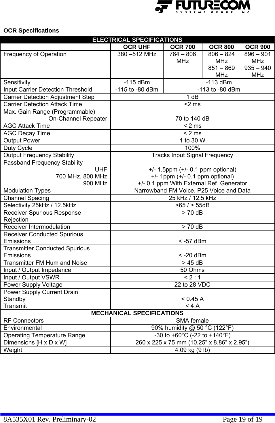  8A535X01 Rev. Preliminary-02    Page 19 of 19  OCR Specifications ELECTRICAL SPECIFICATIONS  OCR UHF  OCR 700  OCR 800  OCR 900 Frequency of Operation  380 –512 MHz  764 – 806 MHz 806 – 824 MHz 851 – 869 MHz 896 – 901 MHz 935 – 940 MHz Sensitivity  -115 dBm  -113 dBm Input Carrier Detection Threshold  -115 to -80 dBm  -113 to -80 dBm Carrier Detection Adjustment Step  1 dB Carrier Detection Attack Time  &lt;2 ms Max. Gain Range (Programmable) On-Channel Repeater 70 to 140 dB AGC Attack Time  &lt; 2 ms AGC Decay Time  &lt; 2 ms Output Power  1 to 30 W Duty Cycle  100% Output Frequency Stability  Tracks Input Signal Frequency Passband Frequency Stability UHF 700 MHz, 800 MHz900 MHz +/- 1.5ppm (+/- 0.1 ppm optional) +/- 1ppm (+/- 0.1 ppm optional) +/- 0.1 ppm With External Ref. Generator Modulation Types  Narrowband FM Voice, P25 Voice and Data Channel Spacing  25 kHz / 12.5 kHz Selectivity 25kHz / 12.5kHz  &gt;65 / &gt; 55dB Receiver Spurious Response Rejection &gt; 70 dB Receiver Intermodulation  &gt; 70 dB Receiver Conducted Spurious Emissions  &lt; -57 dBm Transmitter Conducted Spurious Emissions  &lt; -20 dBm Transmitter FM Hum and Noise  &gt; 45 dB Input / Output Impedance  50 Ohms Input / Output VSWR  &lt; 2 : 1 Power Supply Voltage  22 to 28 VDC Power Supply Current Drain  Standby Transmit  &lt; 0.45 A &lt; 4 A MECHANICAL SPECIFICATIONS RF Connectors  SMA female Environmental  90% humidity @ 50 °C (122°F) Operating Temperature Range  -30 to +60°C (-22 to +140°F) Dimensions [H x D x W]  260 x 225 x 75 mm (10.25” x 8.86” x 2.95”) Weight  4.09 kg (9 lb)  