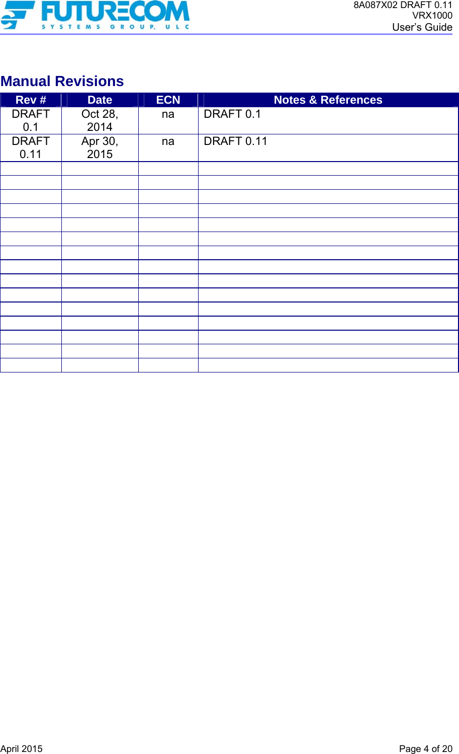 8A087X02 DRAFT 0.11 VRX1000 User’s Guide   April 2015    Page 4 of 20   Manual Revisions Rev #  Date  ECN  Notes &amp; References DRAFT 0.1 Oct 28, 2014 na DRAFT 0.1  DRAFT 0.11 Apr 30, 2015 na DRAFT 0.11                                                               