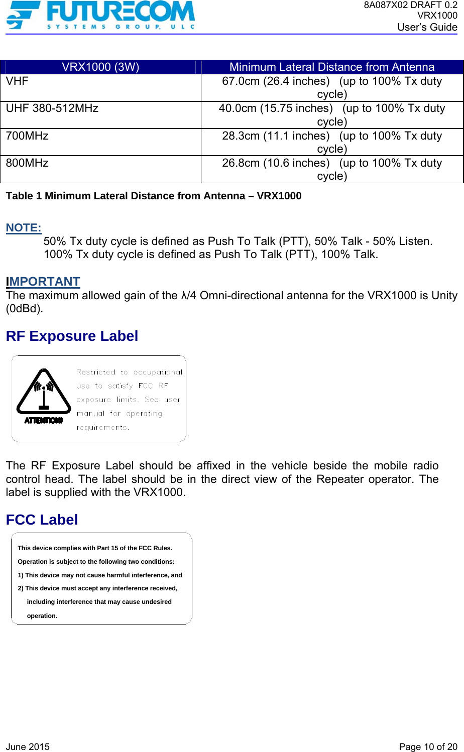 8A087X02 DRAFT 0.2 VRX1000 User’s Guide   June 2015    Page 10 of 20  VRX1000 (3W)  Minimum Lateral Distance from Antenna VHF  67.0cm (26.4 inches)   (up to 100% Tx duty cycle) UHF 380-512MHz  40.0cm (15.75 inches)   (up to 100% Tx duty cycle) 700MHz  28.3cm (11.1 inches)   (up to 100% Tx duty cycle) 800MHz  26.8cm (10.6 inches)   (up to 100% Tx duty cycle) Table 1 Minimum Lateral Distance from Antenna – VRX1000  NOTE: 50% Tx duty cycle is defined as Push To Talk (PTT), 50% Talk - 50% Listen. 100% Tx duty cycle is defined as Push To Talk (PTT), 100% Talk.  IMPORTANT The maximum allowed gain of the λ/4 Omni-directional antenna for the VRX1000 is Unity (0dBd).  RF Exposure Label  The RF Exposure Label should be affixed in the vehicle beside the mobile radio control head. The label should be in the direct view of the Repeater operator. The label is supplied with the VRX1000. FCC Label including interference that may cause undesired 2) This device must accept any interference received,1) This device may not cause harmful interference, andOperation is subject to the following two conditions:This device complies with Part 15 of the FCC Rules.operation.    