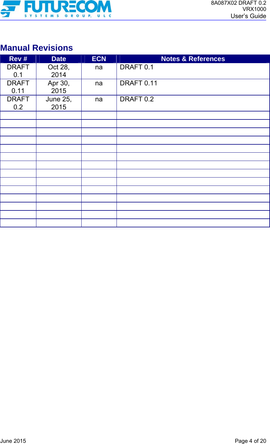 8A087X02 DRAFT 0.2 VRX1000 User’s Guide   June 2015    Page 4 of 20   Manual Revisions Rev #  Date  ECN  Notes &amp; References DRAFT 0.1 Oct 28, 2014 na DRAFT 0.1  DRAFT 0.11 Apr 30, 2015 na DRAFT 0.11 DRAFT 0.2 June 25, 2015 na DRAFT 0.2                                                           