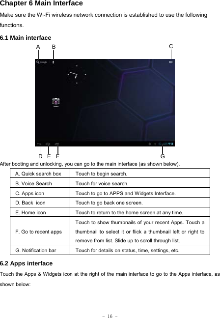  - 16 - Chapter 6 Main Interface   Make sure the Wi-Fi wireless network connection is established to use the following functions.   6.1 Main interface            After booting and unlocking, you can go to the main interface (as shown below).   A. Quick search box  Touch to begin search.   B. Voice Search  Touch for voice search. C. Apps icon Touch to go to APPS and Widgets Interface. D. Back icon Touch to go back one screen. E. Home icon  Touch to return to the home screen at any time. F. Go to recent appsTouch to show thumbnails of your recent Apps. Touch a thumbnail to select it or flick a thumbnail left or right to remove from list. Slide up to scroll through list. G. Notification bar Touch for details on status, time, settings, etc. 6.2 Apps interface   Touch the Apps &amp; Widgets icon at the right of the main interface to go to the Apps interface, as shown below:   A B CD  E  F G