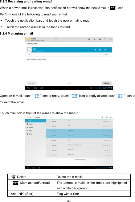  - 32 - 8.1.3 Receiving and reading e-mail  When a new e-mail is received, the notification bar will show the new e-mail (   ) icon. Perform one of the following to read your e-mail: ·  Touch the notification bar, and touch the new e-mail to read. · Touch the unread e-mails in the Inbox to read. 8.1.4 Managing e-mail          Open an e-mail, touch “        ” icon to reply, touch “        ” icon to reply all and touch “        ” icon to forward the email.  Touch mini-box in front of the e-mail to show the menu:             “  ” Delete Delete the e-mails.  “    ” Mark as read/unread  The unread e-mails in the Inbox are highlighted with white background.   Add “   ” (Star) Flag with a Star 