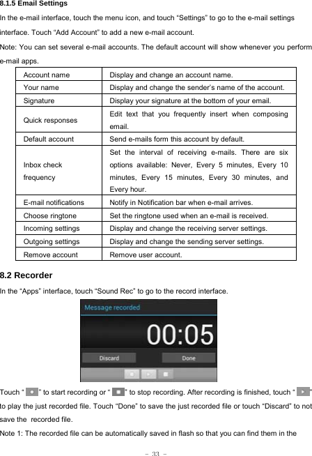  - 33 - 8.1.5 Email Settings In the e-mail interface, touch the menu icon, and touch “Settings” to go to the e-mail settings interface. Touch “Add Account” to add a new e-mail account. Note: You can set several e-mail accounts. The default account will show whenever you perform e-mail apps. Account name Display and change an account name. Your name Display and change the sender’s name of the account. Signature  Display your signature at the bottom of your email. Quick responses  Edit text that you frequently insert when composing email. Default account  Send e-mails form this account by default. Inbox check   frequency Set the interval of receiving e-mails. There are six options available: Never, Every 5 minutes, Every 10 minutes, Every 15 minutes, Every 30 minutes, and Every hour. E-mail notifications Notify in Notification bar when e-mail arrives. Choose ringtone Set the ringtone used when an e-mail is received. Incoming settings Display and change the receiving server settings. Outgoing settings Display and change the sending server settings. Remove account  Remove user account.  8.2 Recorder In the “Apps” interface, touch “Sound Rec” to go to the record interface.         Touch “        ” to start recording or “        ” to stop recording. After recording is finished, touch “        ” to play the just recorded file. Touch “Done” to save the just recorded file or touch “Discard” to not save the recorded file. Note 1: The recorded file can be automatically saved in flash so that you can find them in the 