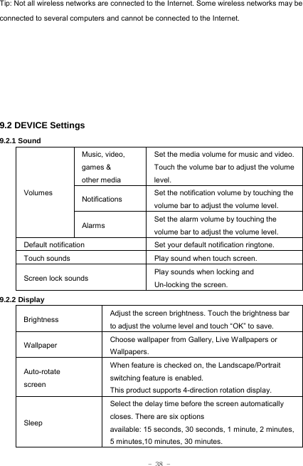  - 38 - Tip: Not all wireless networks are connected to the Internet. Some wireless networks may be connected to several computers and cannot be connected to the Internet.                     9.2 DEVICE Settings 9.2.1 Sound   Volumes Music, video, games &amp; other media Set the media volume for music and video. Touch the volume bar to adjust the volume level. Notifications  Set the notification volume by touching the volume bar to adjust the volume level. Alarms  Set the alarm volume by touching the volume bar to adjust the volume level. Default notification Set your default notification ringtone. Touch sounds Play sound when touch screen. Screen lock sounds  Play sounds when locking and Un-locking the screen. 9.2.2 Display Brightness Adjust the screen brightness. Touch the brightness bar to adjust the volume level and touch “OK” to save. Wallpaper  Choose wallpaper from Gallery, Live Wallpapers or Wallpapers. Auto-rotate screen When feature is checked on, the Landscape/Portrait switching feature is enabled. This product supports 4-direction rotation display. Sleep Select the delay time before the screen automatically closes. There are six options available: 15 seconds, 30 seconds, 1 minute, 2 minutes, 5 minutes,10 minutes, 30 minutes. 