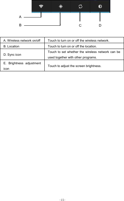  -15-      A. Wireless network on/off  Touch to turn on or off the wireless network. B. Location  Touch to turn on or off the location. D. Sync icon   Touch to set whether the wireless network can be used together with other programs.   E. Brightness adjustment icon Touch to adjust the screen brightness.   A B  DC