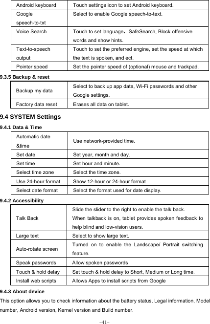  -41- Android keyboard Touch settings icon to set Android keyboard. Google speech-to-txt Select to enable Google speech-to-text. Voice Search  Touch to set language，SafeSearch, Block offensive   words and show hints. Text-to-speech output Touch to set the preferred engine, set the speed at which the text is spoken, and ect. Pointer speed  Set the pointer speed of (optional) mouse and trackpad. 9.3.5 Backup &amp; reset Backup my data  Select to back up app data, Wi-Fi passwords and other Google settings. Factory data reset  Erases all data on tablet. 9.4 SYSTEM Settings 9.4.1 Data &amp; Time Automatic date &amp;time  Use network-provided time. Set date Set year, month and day. Set time   Set hour and minute.  Select time zone  Select the time zone. Use 24-hour format  Show 12-hour or 24-hour format   Select date format Select the format used for date display.  9.4.2 Accessibility Talk Back Slide the slider to the right to enable the talk back.   When talkback is on, tablet provides spoken feedback to help blind and low-vision users. Large text Select to show large text. Auto-rotate screen Turned on to enable the Landscape/ Portrait switching feature. Speak passwords  Allow spoken passwords Touch &amp; hold delay  Set touch &amp; hold delay to Short, Medium or Long time. Install web scripts  Allows Apps to install scripts from Google 9.4.3 About device This option allows you to check information about the battery status, Legal information, Model number, Android version, Kernel version and Build number.