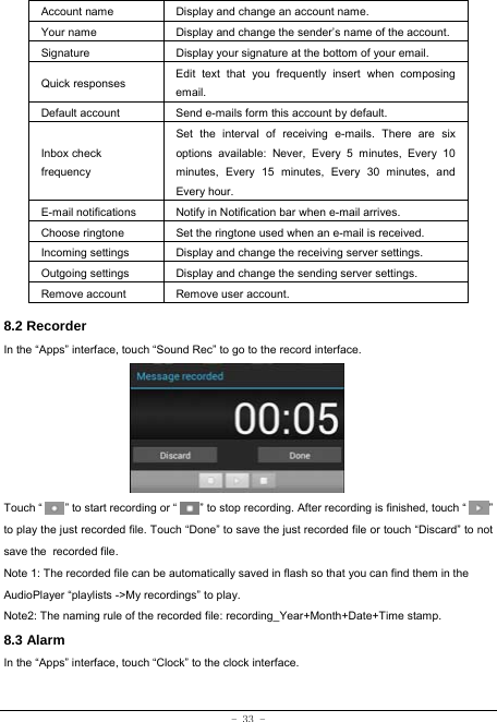  - 33 - Account name Display and change an account name. Your name Display and change the sender’s name of the account. Signature  Display your signature at the bottom of your email. Quick responses  Edit text that you frequently insert when composing email. Default account  Send e-mails form this account by default. Inbox check   frequency Set the interval of receiving e-mails. There are six options available: Never, Every 5 minutes, Every 10 minutes, Every 15 minutes, Every 30 minutes, and Every hour. E-mail notifications Notify in Notification bar when e-mail arrives. Choose ringtone Set the ringtone used when an e-mail is received. Incoming settings Display and change the receiving server settings. Outgoing settings Display and change the sending server settings. Remove account  Remove user account.  8.2 Recorder In the “Apps” interface, touch “Sound Rec” to go to the record interface.         Touch “        ” to start recording or “        ” to stop recording. After recording is finished, touch “        ” to play the just recorded file. Touch “Done” to save the just recorded file or touch “Discard” to not save the recorded file. Note 1: The recorded file can be automatically saved in flash so that you can find them in the AudioPlayer “playlists -&gt;My recordings” to play. Note2: The naming rule of the recorded file: recording_Year+Month+Date+Time stamp. 8.3 Alarm In the “Apps” interface, touch “Clock” to the clock interface.  