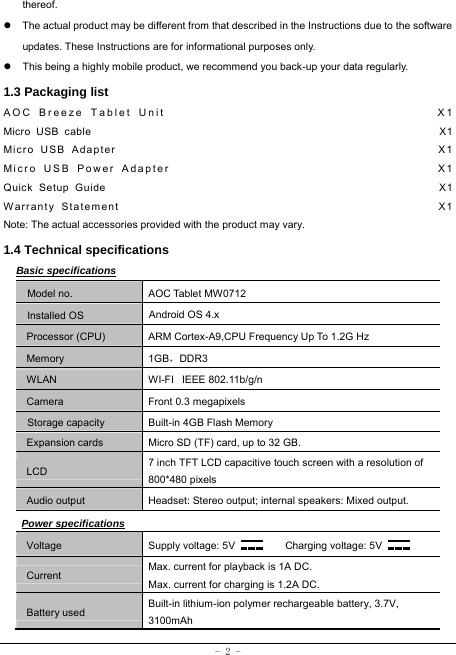  - 2 - thereof. z  The actual product may be different from that described in the Instructions due to the software updates. These Instructions are for informational purposes only. z  This being a highly mobile product, we recommend you back-up your data regularly. 1.3 Packaging list AOC Breeze Tablet Unit                                      X1 Micro USB cable                                                              X1 Micro USB Adapter                                                   X1 Micro USB Power Adapter                                       X1 Quick Setup Guide                                                         X1 Warranty Statement                                                  X1 Note: The actual accessories provided with the product may vary. 1.4 Technical specifications Basic specifications Model no. AOC Tablet MW0712 Installed OS Android OS 4.x   Processor (CPU) ARM Cortex-A9,CPU Frequency Up To 1.2G Hz Memory 1GB，DDR3 WLAN WI-FI   IEEE 802.11b/g/n Camera Front 0.3 megapixels Storage capacity Built-in 4GB Flash Memory Expansion cards Micro SD (TF) card, up to 32 GB. LCD 7 inch TFT LCD capacitive touch screen with a resolution of 800*480 pixels Audio output Headset: Stereo output; internal speakers: Mixed output. Power specifications Voltage Supply voltage: 5V      Charging voltage: 5V   Current Max. current for playback is 1A DC. Max. current for charging is 1.2A DC. Battery used Built-in lithium-ion polymer rechargeable battery, 3.7V, 3100mAh 