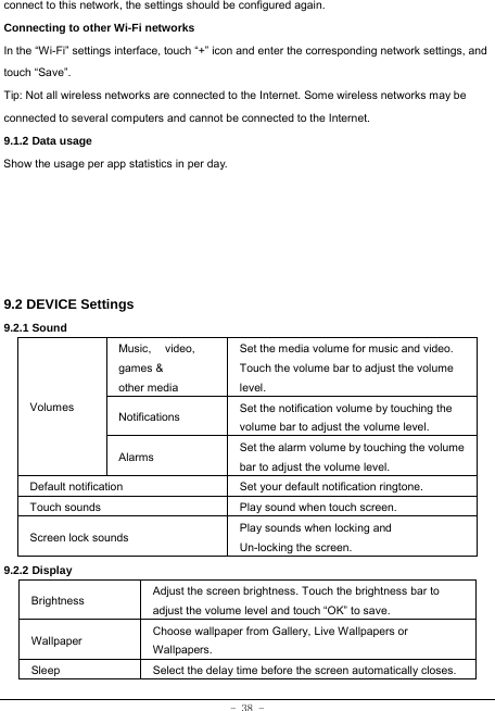  - 38 - connect to this network, the settings should be configured again. Connecting to other Wi-Fi networks In the “Wi-Fi” settings interface, touch “+” icon and enter the corresponding network settings, and touch “Save”. Tip: Not all wireless networks are connected to the Internet. Some wireless networks may be connected to several computers and cannot be connected to the Internet.   9.1.2 Data usage Show the usage per app statistics in per day. 9.2 DEVICE Settings 9.2.1 Sound   Volumes Music, video, games &amp; other media Set the media volume for music and video. Touch the volume bar to adjust the volume level. Notifications  Set the notification volume by touching the volume bar to adjust the volume level. Alarms  Set the alarm volume by touching the volume bar to adjust the volume level. Default notification Set your default notification ringtone. Touch sounds Play sound when touch screen. Screen lock sounds  Play sounds when locking and Un-locking the screen. 9.2.2 Display Brightness Adjust the screen brightness. Touch the brightness bar to adjust the volume level and touch “OK” to save. Wallpaper  Choose wallpaper from Gallery, Live Wallpapers or Wallpapers. Sleep Select the delay time before the screen automatically closes. 