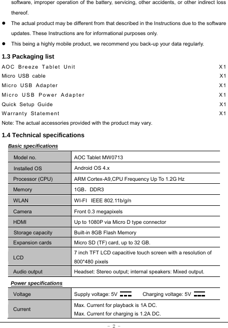  - 2 - software, improper operation of the battery, servicing, other accidents, or other indirect loss thereof. z  The actual product may be different from that described in the Instructions due to the software updates. These Instructions are for informational purposes only. z  This being a highly mobile product, we recommend you back-up your data regularly. 1.3 Packaging list AOC Breeze Tablet Unit                                            X1 Micro USB cable                                                              X1 Micro USB Adapter                                                   X1 Micro USB Power Adapter                                       X1 Quick Setup Guide                                                         X1 Warranty Statement                                                  X1 Note: The actual accessories provided with the product may vary. 1.4 Technical specifications Basic specifications Model no. AOC Tablet MW0713 Installed OS Android OS 4.x   Processor (CPU) ARM Cortex-A9,CPU Frequency Up To 1.2G Hz Memory 1GB，DDR3 WLAN WI-FI   IEEE 802.11b/g/n Camera Front 0.3 megapixels HDMI  Up to 1080P via Micro D type connector Storage capacity Built-in 8GB Flash Memory Expansion cards Micro SD (TF) card, up to 32 GB. LCD 7 inch TFT LCD capacitive touch screen with a resolution of 800*480 pixels Audio output Headset: Stereo output; internal speakers: Mixed output. Power specifications Voltage Supply voltage: 5V      Charging voltage: 5V   Current Max. Current for playback is 1A DC. Max. Current for charging is 1.2A DC. 