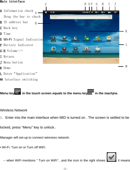  -2-   Main interface  A Information check Drug the bar to check  B IE address bar C Back key D Time  E Wi-Fi Signal Indication  F Battery Indicator G/H Volume-/+ I Return J Menu button K Home L Enter“Application” M Interface switching  Menu key   in the touch screen equals to the menu key   in the machjne.   Wireless Network 1．Enter into the main interface when MID is turned on . The screen is settled to be locked, press “Menu” key to unlock。 Manager wifi set-up to connect wireness network. • Wi-Fi: Turn on or Turn off WiFi.     -- when WiFi mentions “ Turn on WiFi” , and the icon in the right shows  , it means ADEKBLMF G HIJC