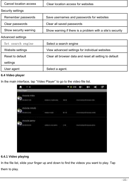  -25- Cancel location access  Clear location access for websites Security settings  Remember passwords Save usernames and passwords for websites  Clear passwords   Clear all saved passwords  Show security warning Show warning if there is a problem with a site’s securityAdvanced settings  Set search engine  Select a search engine Website settings  View advanced settings for individual websites Reset to default settings Clear all browser data and reset all setting to default User agent  Select a agent.     6.4 Video player In the main interface, tap “Video Player” to go to the video file list.            6.4.1 Video playing  In the file list, slide your finger up and down to find the videos you want to play. Tap them to play.  