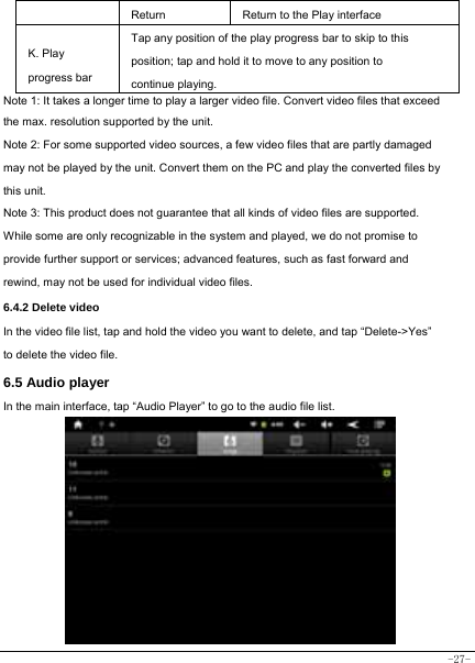  -27- Return Return to the Play interface K. Play progress bar Tap any position of the play progress bar to skip to this position; tap and hold it to move to any position to continue playing. Note 1: It takes a longer time to play a larger video file. Convert video files that exceed the max. resolution supported by the unit. Note 2: For some supported video sources, a few video files that are partly damaged may not be played by the unit. Convert them on the PC and play the converted files by this unit. Note 3: This product does not guarantee that all kinds of video files are supported. While some are only recognizable in the system and played, we do not promise to provide further support or services; advanced features, such as fast forward and rewind, may not be used for individual video files. 6.4.2 Delete video In the video file list, tap and hold the video you want to delete, and tap “Delete-&gt;Yes” to delete the video file. 6.5 Audio player In the main interface, tap “Audio Player” to go to the audio file list.             