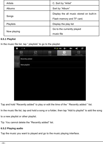  -28- Artists  C. Sort by “Artist” Albums Sort by “Album” Songs Display the all music stored on built-in Flash memory and TF card. Playlists  Display the play list Now playing Go to the currently played music file 6.5.1 Playlist In the music file list, tap “ playlists” to go to the playlist.                         Tap and hold “Recently added” to play or edit the time of the “ Recently added ” list. In the music file list, tap and hold a song or a folder, then tap “Add to playlist” to add the song to a new playlist or other playlist.     Tip: You cannot delete the “Recently added” list. 6.5.2 Playing audio Tap the music you want to played and go to the music playing interface.   
