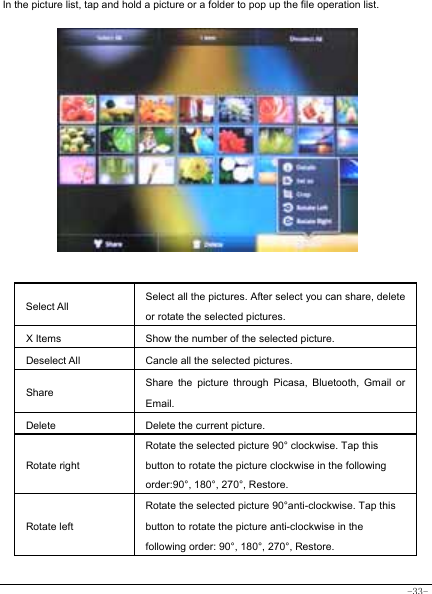  -33- In the picture list, tap and hold a picture or a folder to pop up the file operation list.              Select All Select all the pictures. After select you can share, delete or rotate the selected pictures. X Items  Show the number of the selected picture. Deselect All  Cancle all the selected pictures. Share Share the picture through Picasa, Bluetooth, Gmail or Email. Delete  Delete the current picture. Rotate right Rotate the selected picture 90° clockwise. Tap this button to rotate the picture clockwise in the following order:90°, 180°, 270°, Restore. Rotate left Rotate the selected picture 90°anti-clockwise. Tap this button to rotate the picture anti-clockwise in the following order: 90°, 180°, 270°, Restore.   