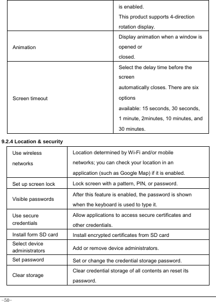  -50- is enabled. This product supports 4-direction rotation display. Animation Display animation when a window is opened or closed. Screen timeout Select the delay time before the screen automatically closes. There are six options available: 15 seconds, 30 seconds, 1 minute, 2minutes, 10 minutes, and 30 minutes.  9.2.4 Location &amp; security   Use wireless networks      Location determined by Wi-Fi and/or mobile networks; you can check your location in an application (such as Google Map) if it is enabled. Set up screen lock  Lock screen with a pattern, PIN, or password. Visible passwords After this feature is enabled, the password is shown when the keyboard is used to type it. Use secure credentials Allow applications to access secure certificates and other credentials. Install form SD card  Install encrypted certificates from SD card Select device administrators  Add or remove device administrators. Set password  Set or change the credential storage password. Clear storage  Clear credential storage of all contents an reset its password.  