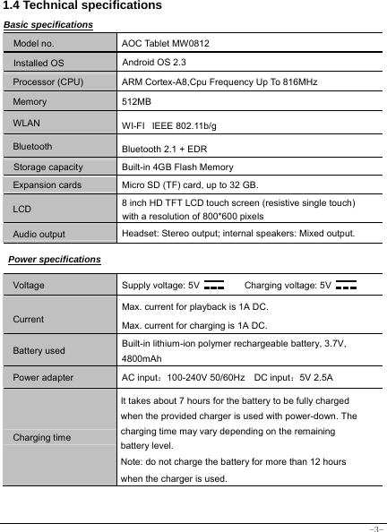  -3- 1.4 Technical specifications Basic specifications Model no. AOC Tablet MW0812 Installed OS Android OS 2.3 Processor (CPU) ARM Cortex-A8,Cpu Frequency Up To 816MHz Memory 512MB WLAN WI-FI   IEEE 802.11b/g Bluetooth  Bluetooth 2.1 + EDR Storage capacity Built-in 4GB Flash Memory Expansion cards Micro SD (TF) card, up to 32 GB. LCD 8 inch HD TFT LCD touch screen (resistive single touch) with a resolution of 800*600 pixels Audio output Headset: Stereo output; internal speakers: Mixed output. Power specifications Voltage Supply voltage: 5V      Charging voltage: 5V   Current Max. current for playback is 1A DC. Max. current for charging is 1A DC. Battery used Built-in lithium-ion polymer rechargeable battery, 3.7V, 4800mAh Power adapter AC input：100-240V 50/60Hz  DC input：5V 2.5A Charging time It takes about 7 hours for the battery to be fully charged when the provided charger is used with power-down. The charging time may vary depending on the remaining battery level. Note: do not charge the battery for more than 12 hours when the charger is used. 