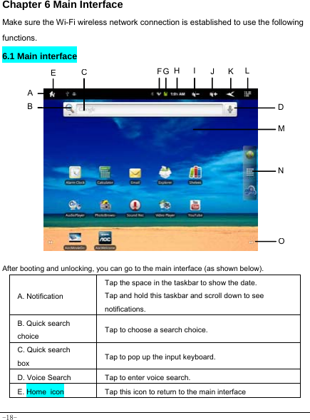  -18- Chapter 6 Main Interface   Make sure the Wi-Fi wireless network connection is established to use the following functions.   6.1 Main interface              After booting and unlocking, you can go to the main interface (as shown below).   A. Notification  Tap the space in the taskbar to show the date. Tap and hold this taskbar and scroll down to see notifications.   B. Quick search choice  Tap to choose a search choice. C. Quick search box  Tap to pop up the input keyboard. D. Voice Search  Tap to enter voice search. E. Home icon Tap this icon to return to the main interface ONMLKJIE DCB A FHG