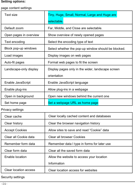  -24- Setting options: page content settings   Text size   Tiny, Huge, Small, Normal, Large and Huge are selectable.  Default zoom Far, Middle, and Close are selectable.   Open pages in overview Show overview of newly opened pages Text encoding   Select the encoding type of text   Block pop-up windows   Select whether the pop-up window should be blocked.  Load images   Display images on web pages   Auto-fit pages   Format web pages to fit the screen  Landscape-only display Display pages only in the wider, landscape screen orientation   Enable JavaScript   Enable JavaScript language  Enable plug-ins Allow plug-ins in a webpage  Open in background   Open new windows behind the current one    Set home page   Set a webpage URL as home page  Privacy settings  Clear cache Clear locally cached content and databases Clear history Clear the browser navigation history  Accept Cookies Allow sites to save and read “Cookie” data Clear all Cookie data Clear all browser Cookies Remember form data Remember data I type in forms for later use Clear form data   Clear all the saved form data  Enable location Allow the website to access your location Information Clear location access  Clear location access for websites Security settings  