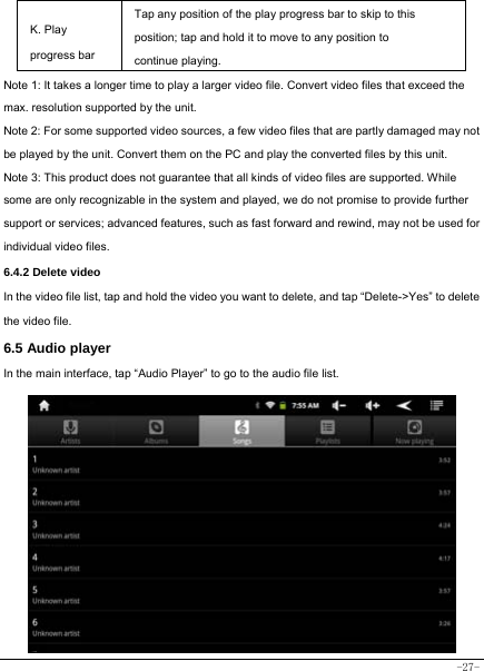  -27- K. Play progress bar Tap any position of the play progress bar to skip to this position; tap and hold it to move to any position to continue playing. Note 1: It takes a longer time to play a larger video file. Convert video files that exceed the max. resolution supported by the unit. Note 2: For some supported video sources, a few video files that are partly damaged may not be played by the unit. Convert them on the PC and play the converted files by this unit. Note 3: This product does not guarantee that all kinds of video files are supported. While some are only recognizable in the system and played, we do not promise to provide further support or services; advanced features, such as fast forward and rewind, may not be used for individual video files. 6.4.2 Delete video In the video file list, tap and hold the video you want to delete, and tap “Delete-&gt;Yes” to delete the video file. 6.5 Audio player In the main interface, tap “Audio Player” to go to the audio file list.              