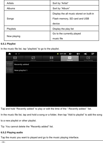  -28- Artists  Sort by “Artist” Albums Sort by “Album” Songs Display the all music stored on built-in Flash memory, SD card and USB device Playlists  Display the play list Now playing Go to the currently played music file 6.5.1 Playlist In the music file list, tap “playlists” to go to the playlist.                         Tap and hold “Recently added” to play or edit the time of the “ Recently added ” list. In the music file list, tap and hold a song or a folder, then tap “Add to playlist” to add the song to a new playlist or other playlist.     Tip: You cannot delete the “Recently added” list. 6.5.2 Playing audio Tap the music you want to played and go to the music playing interface.  