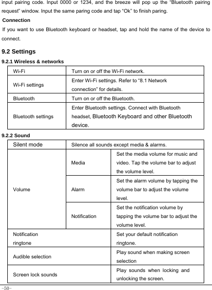  -50- input pairing code. Input 0000 or 1234, and the breeze will pop up the “Bluetooth pairing request” window. Input the same paring code and tap “Ok” to finish paring. Connection If you want to use Bluetooth keyboard or headset, tap and hold the name of the device to connect. 9.2 Settings 9.2.1 Wireless &amp; networks    Wi-Fi Turn on or off the Wi-Fi network. Wi-Fi settings Enter Wi-Fi settings. Refer to “8.1 Network connection” for details. Bluetooth  Turn on or off the Bluetooth. Bluetooth settings Enter Bluetooth settings. Connect with Bluetooth headset, Bluetooth Keyboard and other Bluetooth device. 9.2.2 Sound   Silent mode  Silence all sounds except media &amp; alarms. Volume Media Set the media volume for music and video. Tap the volume bar to adjust the volume level. Alarm Set the alarm volume by tapping the volume bar to adjust the volume level. Notification Set the notification volume by tapping the volume bar to adjust the volume level. Notification ringtone Set your default notification ringtone. Audible selection Play sound when making screen selection Screen lock sounds  Play sounds when locking and unlocking the screen. 