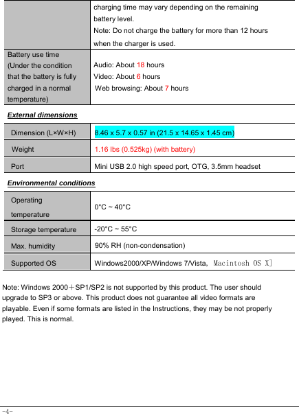  -4- charging time may vary depending on the remaining battery level. Note: Do not charge the battery for more than 12 hours when the charger is used. Battery use time (Under the condition that the battery is fully charged in a normal temperature) Audio: About 18 hours Video: About 6 hours Web browsing: About 7 hours External dimensions Dimension (L×W×H) 8.46 x 5.7 x 0.57 in (21.5 x 14.65 x 1.45 cm)       Weight   1.16 lbs (0.525kg) (with battery) Port Mini USB 2.0 high speed port, OTG, 3.5mm headset Environmental conditions Operating temperature 0°C ~ 40°C Storage temperature  -20°C ~ 55°C Max. humidity  90% RH (non-condensation) Supported OS Windows2000/XP/Windows 7/Vista, Macintosh OS X]  Note: Windows 2000＋SP1/SP2 is not supported by this product. The user should upgrade to SP3 or above. This product does not guarantee all video formats are playable. Even if some formats are listed in the Instructions, they may be not properly played. This is normal.    