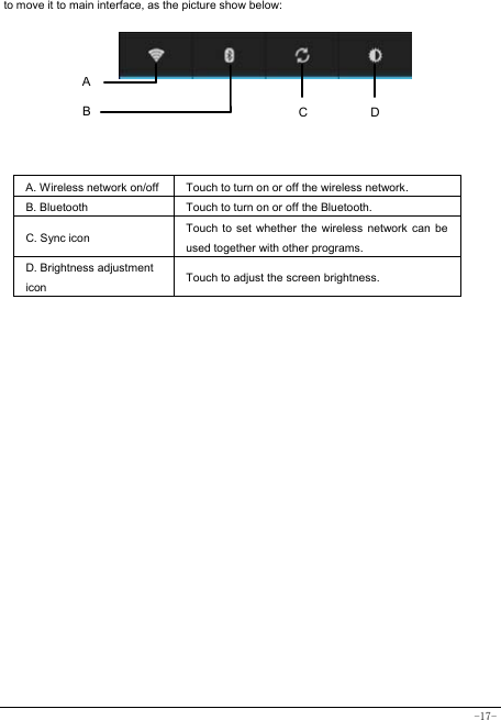  -17- to move it to main interface, as the picture show below:       A. Wireless network on/off  Touch to turn on or off the wireless network. B. Bluetooth  Touch to turn on or off the Bluetooth. C. Sync icon   Touch to set whether the wireless network can be used together with other programs.   D. Brightness adjustment icon Touch to adjust the screen brightness.   A B  DC