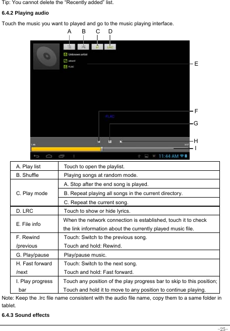  -25- Tip: You cannot delete the “Recently added” list. 6.4.2 Playing audio Touch the music you want to played and go to the music playing interface.              A. Play list  Touch to open the playlist. B. Shuffle  Playing songs at random mode. C. Play mode A. Stop after the end song is played. B. Repeat playing all songs in the current directory. C. Repeat the current song. D. LRC  Touch to show or hide lyrics.   E. File info  When the network connection is established, touch it to check the link information about the currently played music file. F. Rewind /previous Touch: Switch to the previous song. Touch and hold: Rewind.  G. Play/pause   Play/pause music. H. Fast forward /next Touch: Switch to the next song. Touch and hold: Fast forward. I. Play progress bar Touch any position of the play progress bar to skip to this position; Touch and hold it to move to any position to continue playing. Note: Keep the .lrc file name consistent with the audio file name, copy them to a same folder in tablet.     6.4.3 Sound effects HCEFGABI D