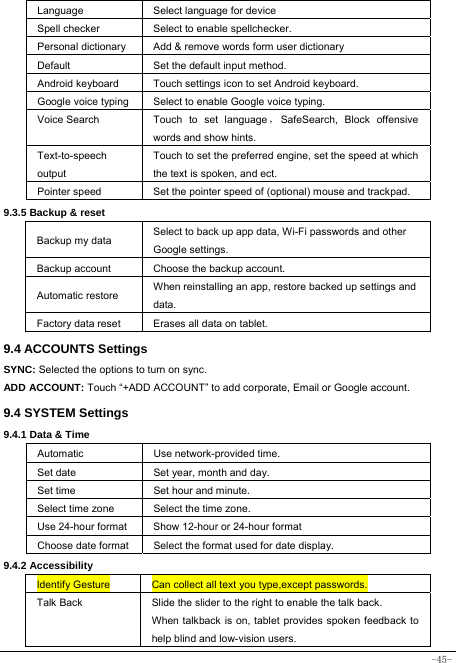  -45- Language Select language for device Spell checker Select to enable spellchecker. Personal dictionary  Add &amp; remove words form user dictionary Default  Set the default input method. Android keyboard Touch settings icon to set Android keyboard. Google voice typing  Select to enable Google voice typing. Voice Search  Touch to set language ，SafeSearch, Block offensive words and show hints. Text-to-speech output Touch to set the preferred engine, set the speed at which the text is spoken, and ect. Pointer speed  Set the pointer speed of (optional) mouse and trackpad. 9.3.5 Backup &amp; reset Backup my data  Select to back up app data, Wi-Fi passwords and other Google settings. Backup account  Choose the backup account. Automatic restore  When reinstalling an app, restore backed up settings and data. Factory data reset  Erases all data on tablet. 9.4 ACCOUNTS Settings SYNC: Selected the options to turn on sync. ADD ACCOUNT: Touch “+ADD ACCOUNT” to add corporate, Email or Google account. 9.4 SYSTEM Settings 9.4.1 Data &amp; Time Automatic  Use network-provided time. Set date Set year, month and day. Set time   Set hour and minute.  Select time zone  Select the time zone. Use 24-hour format  Show 12-hour or 24-hour format   Choose date format Select the format used for date display.  9.4.2 Accessibility Identify Gesture  Can collect all text you type,except passwords. Talk Back Slide the slider to the right to enable the talk back.   When talkback is on, tablet provides spoken feedback to help blind and low-vision users. 