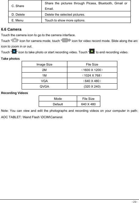  -29- C. Share  Share the pictures through Picasa, Bluetooth, Gmail or Email. D. Delete  Delete the selected pictures. E. Menu  Touch to show more options.  6.6 Camera Touch the camera icon to go to the camera interface. Touch &quot; &quot; icon for camera mode, touch &quot; &quot; icon for video record mode. Slide along the arc icon to zoom in or out. Touch &quot; &quot; icon to take photo or start recording video. Touch “ ” to end recording video.   Take photos Image Size  File Size 2M  （1600 X 1200） 1M  （1024 X 768） VGA  （640 X 480） QVGA  (320 X 240) Recording Videos Mode File Size Default  640 X 480 Note: You can view and edit the photographs and recording videos on your computer in path: AOC TABLET: \Nand Flash \DCIM\Camera\ 