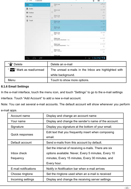  -35-            “  ” Delete Delete an e-mail  “    ” Mark as read/unread  The unread e-mails in the Inbox are highlighted with white background.   Menu Touch to show more options. 8.1.6 Email Settings In the e-mail interface, touch the menu icon, and touch “Settings” to go to the e-mail settings interface. Touch “Add Account” to add a new e-mail account. Note: You can set several e-mail accounts. The default account will show whenever you perform e-mail apps. Account name Display and change an account name Your name Display and change the sender’s name of the account. Signature  Display you signature at the bottom of your email. Quick responses  Edit text that you frequently insert when composing email. Default account  Send e-mails from this account by default. Inbox check frequency Set the interval of receiving e-mails. There are six options available: Never, Every 5 minutes, Every 10 minutes, Every 15 minutes, Every 30 minutes, and Every hour. E-mail notifications Notify in Notification bar when e-mail arrives Choose ringtone Set the ringtone used when an e-mail is received Incoming settings Display and change the receiving server settings 