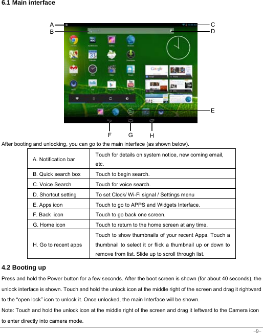  -9- 6.1 Main interface             After booting and unlocking, you can go to the main interface (as shown below).   A. Notification bar  Touch for details on system notice, new coming email, etc. B. Quick search box  Touch to begin search. C. Voice Search Touch for voice search. D. Shortcut setting To set Clock/ Wi-Fi signal / Settings menu E. Apps icon  Touch to go to APPS and Widgets Interface. F. Back icon Touch to go back one screen. G. Home icon Touch to return to the home screen at any time. H. Go to recent apps Touch to show thumbnails of your recent Apps. Touch a thumbnail to select it or flick a thumbnail up or down to remove from list. Slide up to scroll through list. 4.2 Booting up Press and hold the Power button for a few seconds. After the boot screen is shown (for about 40 seconds), the unlock interface is shown. Touch and hold the unlock icon at the middle right of the screen and drag it rightward to the “open lock” icon to unlock it. Once unlocked, the main Interface will be shown. Note: Touch and hold the unlock icon at the middle right of the screen and drag it leftward to the Camera icon to enter directly into camera mode. A B HFCDGE