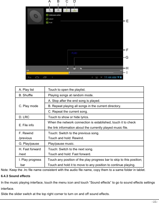  -25-               A. Play list  Touch to open the playlist. B. Shuffle  Playing songs at random mode. C. Play mode A. Stop after the end song is played. B. Repeat playing all songs in the current directory. C. Repeat the current song. D. LRC  Touch to show or hide lyrics.   E. File info  When the network connection is established, touch it to check the link information about the currently played music file. F. Rewind /previous Touch: Switch to the previous song. Touch and hold: Rewind.  G. Play/pause   Play/pause music. H. Fast forward /next Touch: Switch to the next song. Touch and hold: Fast forward. I. Play progress bar Touch any position of the play progress bar to skip to this position; Touch and hold it to move to any position to continue playing. Note: Keep the .lrc file name consistent with the audio file name, copy them to a same folder in tablet.         6.4.3 Sound effects In the music playing interface, touch the menu icon and touch “Sound effects” to go to sound effects settings interface. Slide the slider switch at the top right corner to turn on and off sound effects. HCEFGABI D