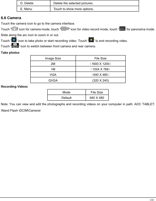  -29- D. Delete  Delete the selected pictures. E. Menu  Touch to show more options.  6.6 Camera Touch the camera icon to go to the camera interface. Touch &quot; &quot; icon for camera mode, touch &quot; &quot; icon for video record mode, touch “ ” for panorama mode. Slide along the arc icon to zoom in or out. Touch &quot; &quot; icon to take photo or start recording video. Touch “ ” to end recording video.   Touch &quot; &quot; icon to switch between front camera and rear camera. Take photos Image Size  File Size 2M  （1600 X 1200） 1M  （1024 X 768） VGA  （640 X 480） QVGA  (320 X 240) Recording Videos Mode File Size Default  640 X 480 Note: You can view and edit the photographs and recording videos on your computer in path: AOC TABLET: \Nand Flash \DCIM\Camera\ 