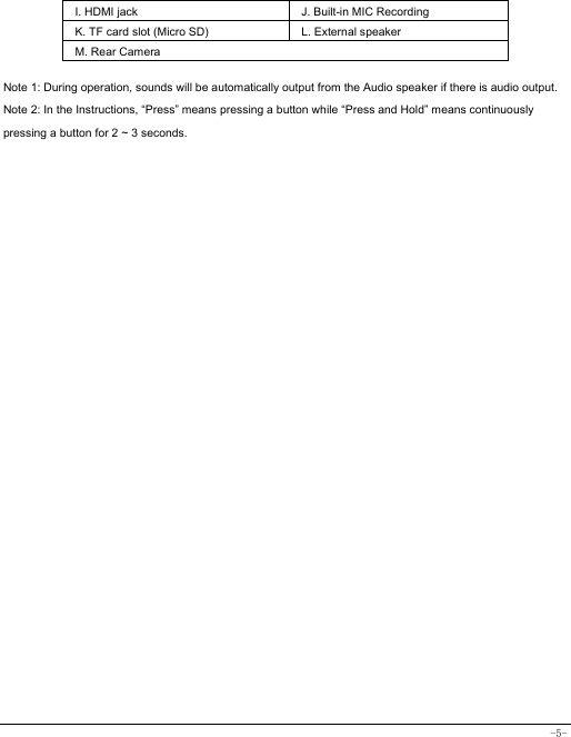 -5- I. HDMI jack   J. Built-in MIC Recording   K. TF card slot (Micro SD)    L. External speaker   M. Rear Camera  Note 1: During operation, sounds will be automatically output from the Audio speaker if there is audio output. Note 2: In the Instructions, “Press” means pressing a button while “Press and Hold” means continuously pressing a button for 2 ~ 3 seconds.
