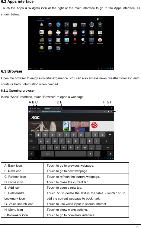  -15- 6.2 Apps interface   Touch the Apps &amp; Widgets icon at the right of the main interface to go to the Apps interface, as shown below:       6.3 Browser  Open the browser to enjoy a colorful experience. You can also access news, weather forecast, and sports or traffic information when needed.  6.3.1 Opening browser  In the “Apps” interface, touch “Browser” to open a webpage.             A. Back icon Touch to go to previous webpage. B. Next icon Touch to go to next webpage.   C. Refresh icon Touch to refresh the current webpage. D. Close icon  Touch to close the current tab. E. Add icon    Touch to open a new tab.   F. Delete/Add   bookmark icon Touch “x” to delete the text in the table. /Touch “☆” to add the current webpage to bookmark. G. Voice search icon Touch to use voice input to search Internet.  H. Menu icon Touch to show menu options. I. Bookmark icon Touch to go to bookmark interface.  A B C  D E F G HI