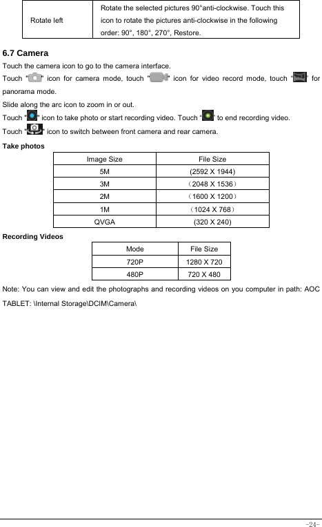  -24- Rotate left Rotate the selected pictures 90°anti-clockwise. Touch this icon to rotate the pictures anti-clockwise in the following order: 90°, 180°, 270°, Restore.    6.7 Camera Touch the camera icon to go to the camera interface. Touch &quot; &quot; icon for camera mode, touch &quot; &quot; icon for video record mode, touch “ ” for panorama mode. Slide along the arc icon to zoom in or out. Touch &quot; &quot; icon to take photo or start recording video. Touch “ ” to end recording video.   Touch &quot; &quot; icon to switch between front camera and rear camera. Take photos Image Size  File Size 5M  (2592 X 1944) 3M  （2048 X 1536） 2M  （1600 X 1200） 1M  （1024 X 768） QVGA  (320 X 240) Recording Videos Mode File Size 720P  1280 X 720480P  720 X 480 Note: You can view and edit the photographs and recording videos on you computer in path: AOC TABLET: \Internal Storage\DCIM\Camera\ 