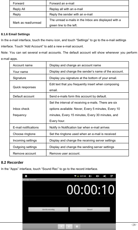  -28- Forward Forward an e-mail Reply All Replay all with an e-mail  Reply Reply the sender with an e-mail Mark as read/unread The unread e-mails in the Inbox are displayed with a green line to the left.  8.1.6 Email Settings In the e-mail interface, touch the menu icon, and touch “Settings” to go to the e-mail settings interface. Touch “Add Account” to add a new e-mail account. Note: You can set several e-mail accounts. The default account will show whenever you perform e-mail apps. Account name Display and change an account name Your name Display and change the sender’s name of the account. Signature  Display you signature at the bottom of your email. Quick responses Edit text that you frequently insert when composing email. Default account  Send e-mails form this account by default. Inbox check frequency Set the interval of receiving e-mails. There are six options available: Never, Every 5 minutes, Every 10 minutes, Every 15 minutes, Every 30 minutes, and Every hour. E-mail notifications Notify in Notification bar when e-mail arrives Choose ringtone Set the ringtone used when an e-mail is received Incoming settings Display and change the receiving server settings Outgoing settings Display and change the sending server settings Remove account  Remove user account.  8.2 Recorder In the “Apps” interface, touch “Sound Rec” to go to the record interface.           