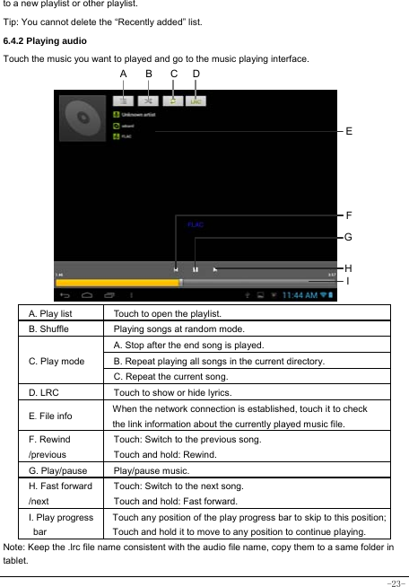  -23- to a new playlist or other playlist.     Tip: You cannot delete the “Recently added” list. 6.4.2 Playing audio Touch the music you want to played and go to the music playing interface.              A. Play list  Touch to open the playlist. B. Shuffle  Playing songs at random mode. C. Play mode A. Stop after the end song is played. B. Repeat playing all songs in the current directory. C. Repeat the current song. D. LRC  Touch to show or hide lyrics.   E. File info  When the network connection is established, touch it to check the link information about the currently played music file. F. Rewind /previous Touch: Switch to the previous song. Touch and hold: Rewind.  G. Play/pause   Play/pause music. H. Fast forward /next Touch: Switch to the next song. Touch and hold: Fast forward. I. Play progress bar Touch any position of the play progress bar to skip to this position; Touch and hold it to move to any position to continue playing. Note: Keep the .lrc file name consistent with the audio file name, copy them to a same folder in tablet.     HCEFGABI D