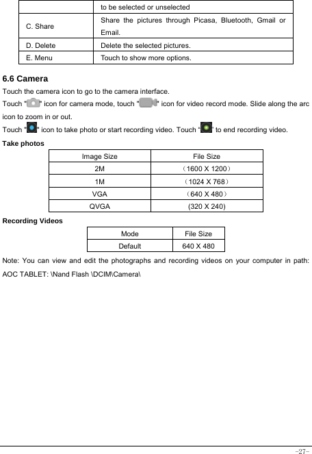  -27- to be selected or unselected C. Share  Share the pictures through Picasa, Bluetooth, Gmail or Email. D. Delete  Delete the selected pictures. E. Menu  Touch to show more options.  6.6 Camera Touch the camera icon to go to the camera interface. Touch &quot; &quot; icon for camera mode, touch &quot; &quot; icon for video record mode. Slide along the arc icon to zoom in or out. Touch &quot; &quot; icon to take photo or start recording video. Touch “ ” to end recording video.   Take photos Image Size  File Size 2M  （1600 X 1200） 1M  （1024 X 768） VGA  （640 X 480） QVGA  (320 X 240) Recording Videos Mode File Size Default  640 X 480 Note: You can view and edit the photographs and recording videos on your computer in path: AOC TABLET: \Nand Flash \DCIM\Camera\ 