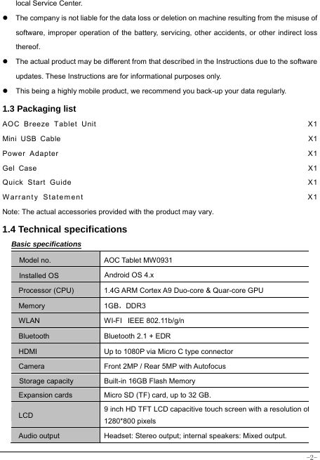  -2- local Service Center. z  The company is not liable for the data loss or deletion on machine resulting from the misuse of software, improper operation of the battery, servicing, other accidents, or other indirect loss thereof. z  The actual product may be different from that described in the Instructions due to the software updates. These Instructions are for informational purposes only. z  This being a highly mobile product, we recommend you back-up your data regularly. 1.3 Packaging list AOC Breeze Tablet Unit                                                   X1 Mini USB Cable                                                               X1 Power Adapter                                                            X1 Gel Case                                                                    X1 Quick Start Guide                                                         X1 Warranty Statement                                                  X1 Note: The actual accessories provided with the product may vary. 1.4 Technical specifications Basic specifications Model no. AOC Tablet MW0931 Installed OS Android OS 4.x   Processor (CPU) 1.4G ARM Cortex A9 Duo-core &amp; Quar-core GPU Memory 1GB，DDR3 WLAN WI-FI   IEEE 802.11b/g/n Bluetooth  Bluetooth 2.1 + EDR HDMI  Up to 1080P via Micro C type connector Camera  Front 2MP / Rear 5MP with Autofocus Storage capacity Built-in 16GB Flash Memory Expansion cards Micro SD (TF) card, up to 32 GB. LCD 9 inch HD TFT LCD capacitive touch screen with a resolution of1280*800 pixels Audio output Headset: Stereo output; internal speakers: Mixed output. 