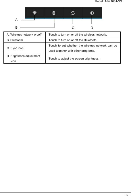   Model: MW1031-3G -17-     A. Wireless network on/off  Touch to turn on or off the wireless network. B. Bluetooth  Touch to turn on or off the Bluetooth. C. Sync icon   Touch to set whether the wireless network can be used together with other programs.   D. Brightness adjustment icon Touch to adjust the screen brightness.   A B  DC