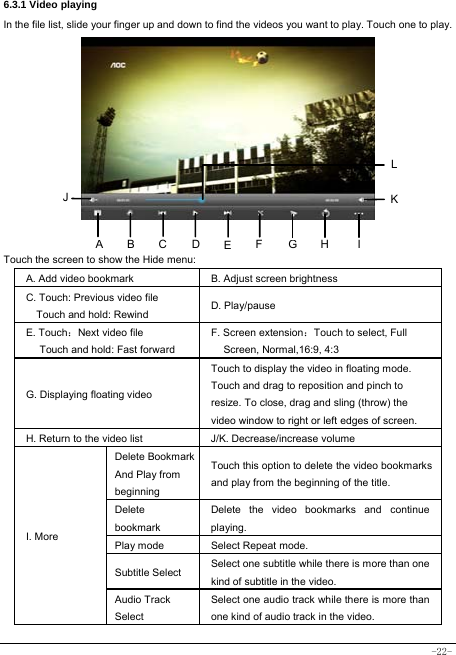  -22- 6.3.1 Video playing In the file list, slide your finger up and down to find the videos you want to play. Touch one to play.          Touch the screen to show the Hide menu:  A. Add video bookmark B. Adjust screen brightness C. Touch: Previous video file Touch and hold: Rewind D. Play/pause   E. Touch：Next video file Touch and hold: Fast forward   F. Screen extension：Touch to select, Full       Screen, Normal,16:9, 4:3 G. Displaying floating video   Touch to display the video in floating mode. Touch and drag to reposition and pinch to resize. To close, drag and sling (throw) the video window to right or left edges of screen. H. Return to the video list  J/K. Decrease/increase volume I. More Delete Bookmark And Play from beginning Touch this option to delete the video bookmarks and play from the beginning of the title.  Delete bookmark       Delete the video bookmarks and continue playing. Play mode Select Repeat mode. Subtitle Select  Select one subtitle while there is more than one kind of subtitle in the video. Audio Track Select Select one audio track while there is more than one kind of audio track in the video. ABHJ KEFGCDLI