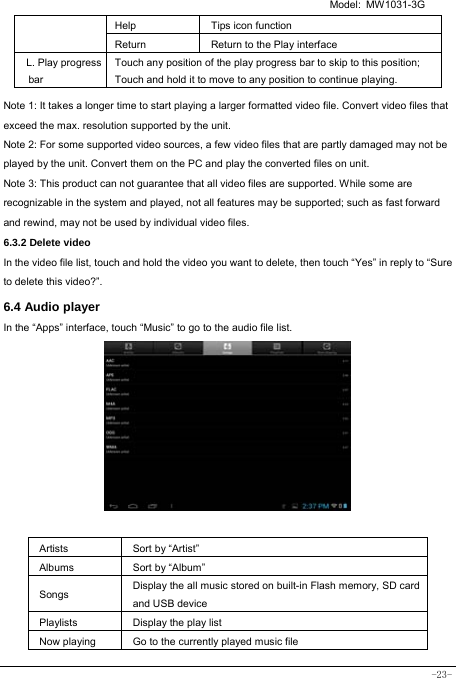  Model: MW1031-3G -23- Help Tips icon function Return Return to the Play interface L. Play progress bar Touch any position of the play progress bar to skip to this position; Touch and hold it to move to any position to continue playing.  Note 1: It takes a longer time to start playing a larger formatted video file. Convert video files that exceed the max. resolution supported by the unit. Note 2: For some supported video sources, a few video files that are partly damaged may not be played by the unit. Convert them on the PC and play the converted files on unit. Note 3: This product can not guarantee that all video files are supported. While some are recognizable in the system and played, not all features may be supported; such as fast forward and rewind, may not be used by individual video files. 6.3.2 Delete video In the video file list, touch and hold the video you want to delete, then touch “Yes” in reply to “Sure to delete this video?”. 6.4 Audio player In the “Apps” interface, touch “Music” to go to the audio file list.             Artists  Sort by “Artist” Albums Sort by “Album” Songs  Display the all music stored on built-in Flash memory, SD card and USB device Playlists  Display the play list Now playing  Go to the currently played music file 