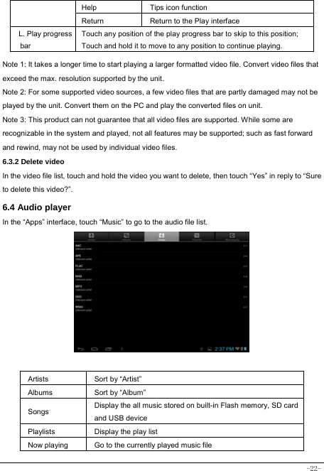  -22- Help Tips icon function Return Return to the Play interface L. Play progress bar Touch any position of the play progress bar to skip to this position; Touch and hold it to move to any position to continue playing.  Note 1: It takes a longer time to start playing a larger formatted video file. Convert video files that exceed the max. resolution supported by the unit. Note 2: For some supported video sources, a few video files that are partly damaged may not be played by the unit. Convert them on the PC and play the converted files on unit. Note 3: This product can not guarantee that all video files are supported. While some are recognizable in the system and played, not all features may be supported; such as fast forward and rewind, may not be used by individual video files. 6.3.2 Delete video In the video file list, touch and hold the video you want to delete, then touch “Yes” in reply to “Sure to delete this video?”. 6.4 Audio player In the “Apps” interface, touch “Music” to go to the audio file list.             Artists  Sort by “Artist” Albums Sort by “Album” Songs  Display the all music stored on built-in Flash memory, SD card and USB device Playlists  Display the play list Now playing  Go to the currently played music file 
